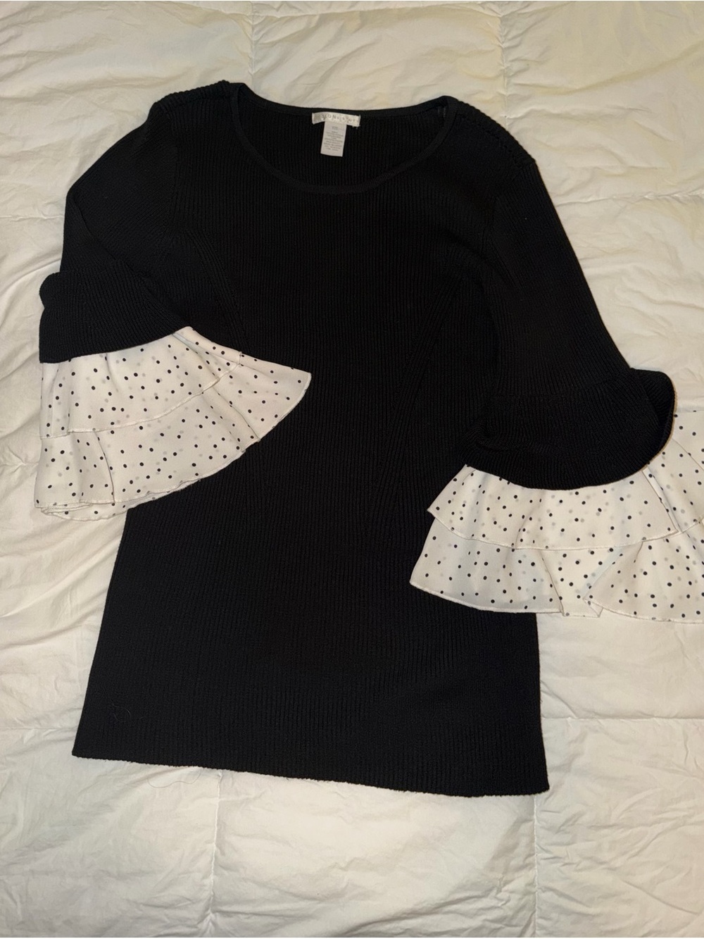 Design History Black Knit Top with White Polka Dot Ruffle Sleeves XXL
